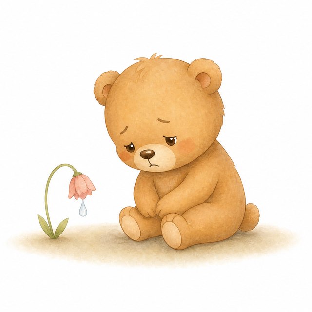 The bear cub sitting quietly, feeling sad